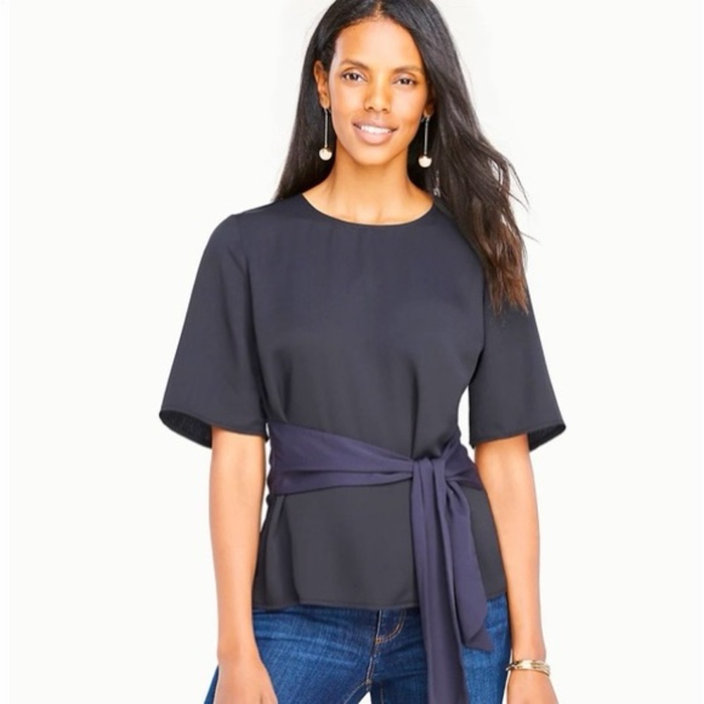 Ann Taylor Black Belted Navy Waist Tie Blouse